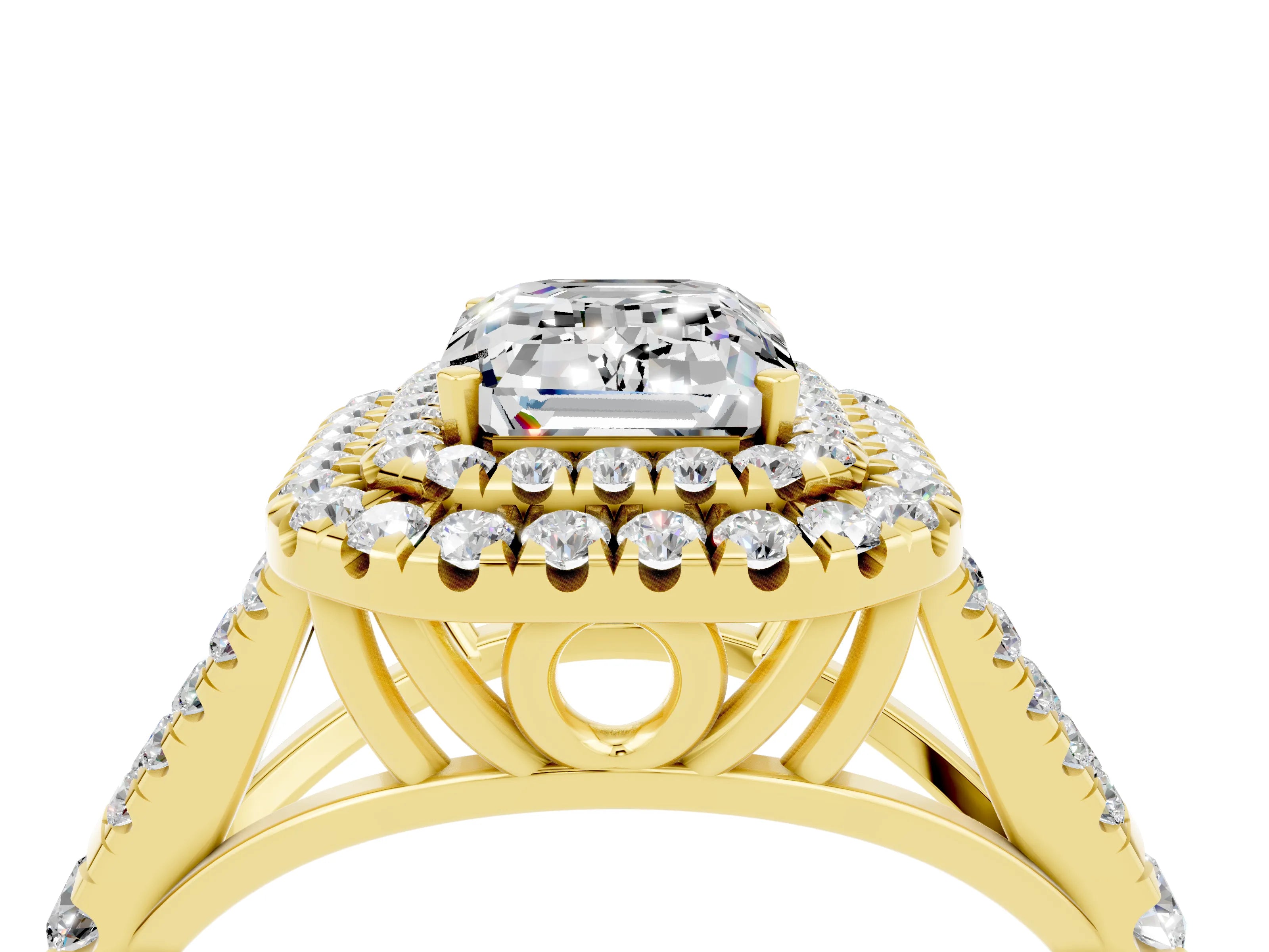 Yellow gold Double Halo Emerald Cut Moissanite Pavé Split Shank Ring with Prong Setting_4