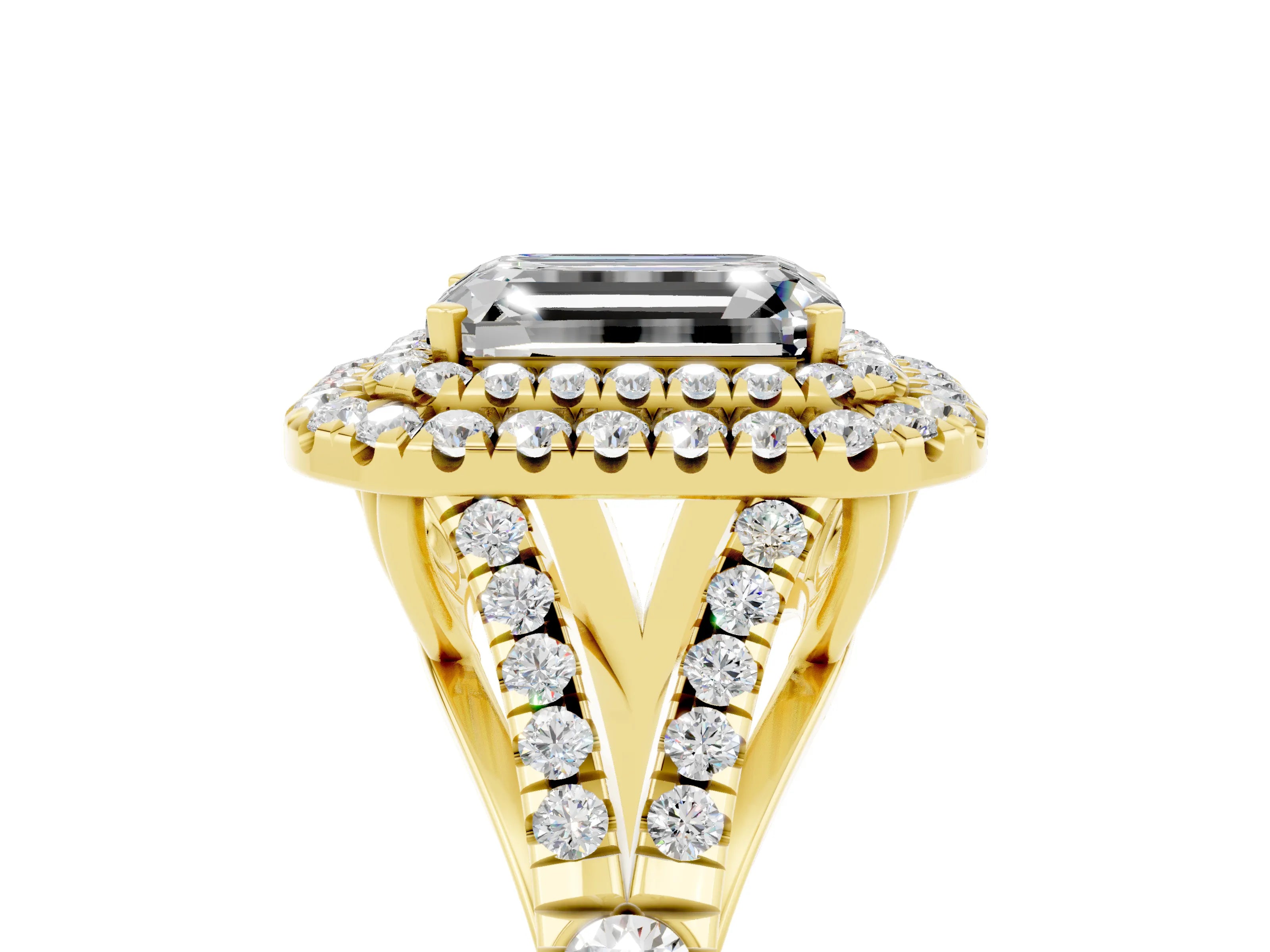 Yellow gold Double Halo Emerald Cut Moissanite Pavé Split Shank Ring with Prong Setting_5