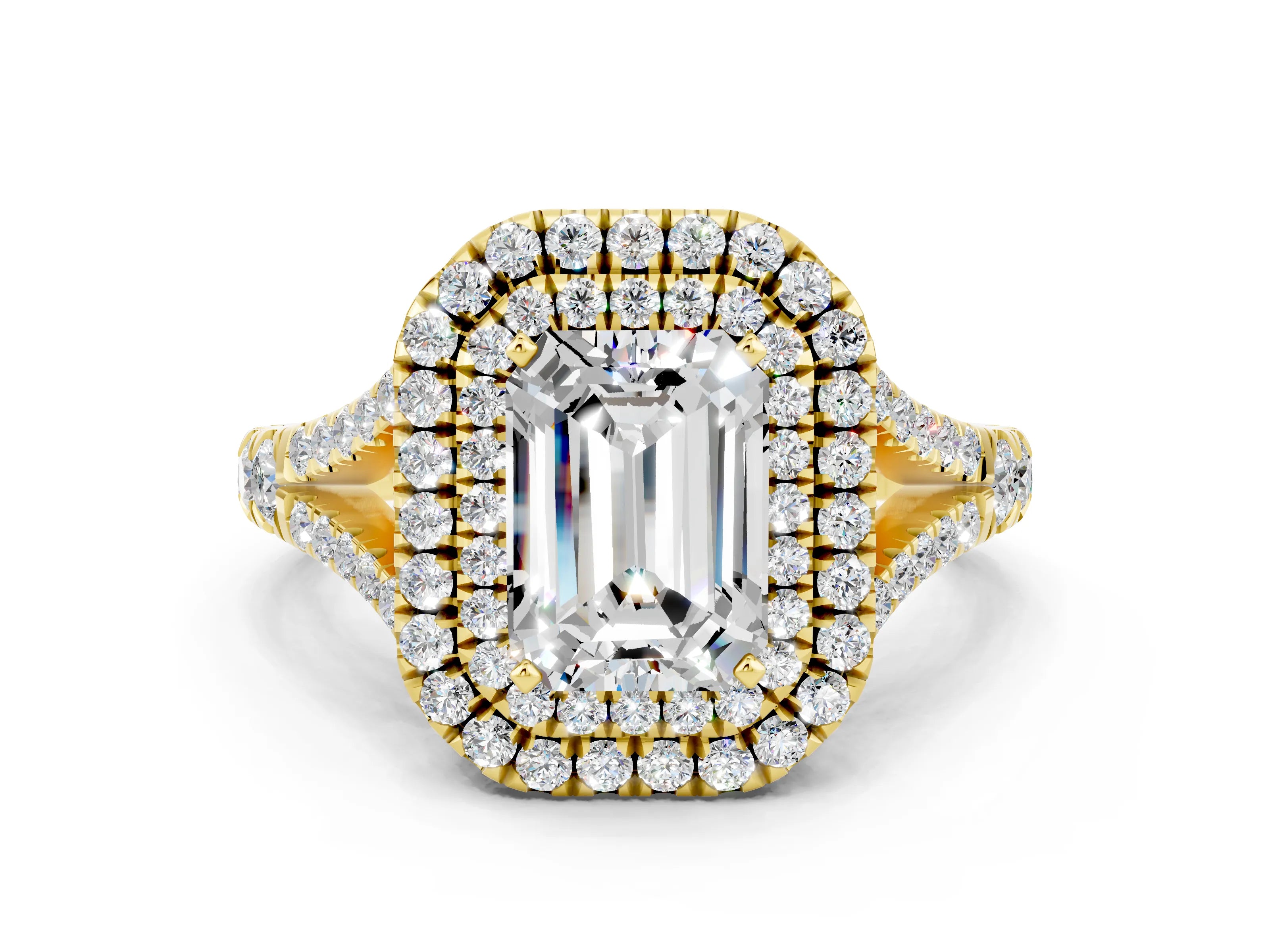 Yellow gold Double Halo Emerald Cut Moissanite Split Shank Engagement Ring with Four-Prong Setting