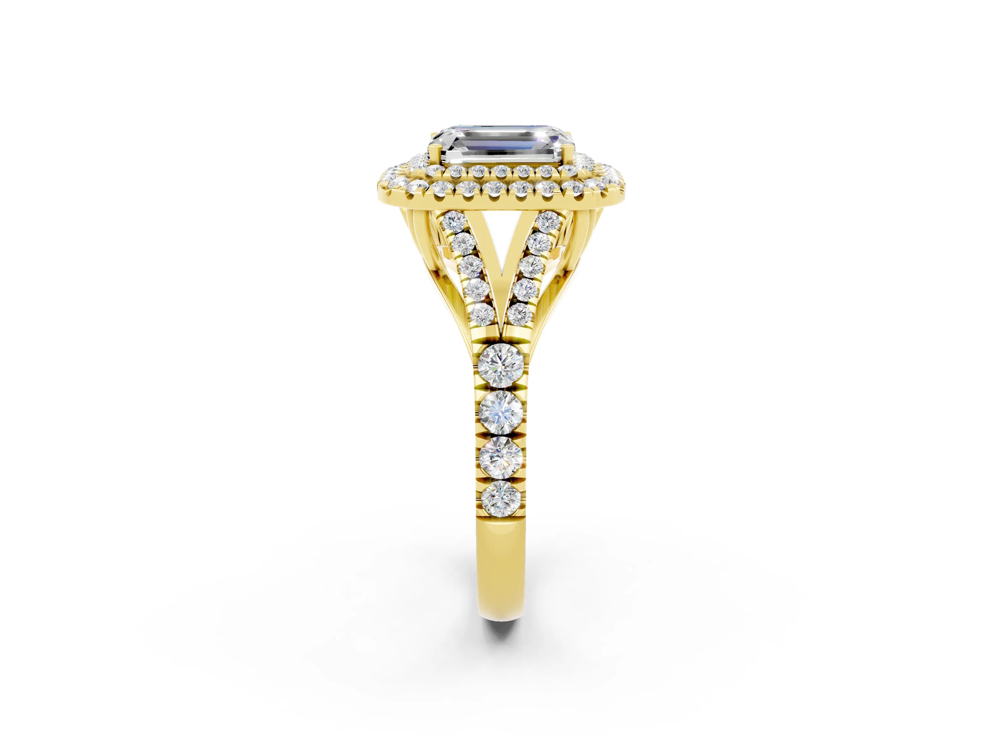 Yellow gold Double Halo Emerald Cut Moissanite Split Shank Engagement Ring with Four-Prong Setting_2