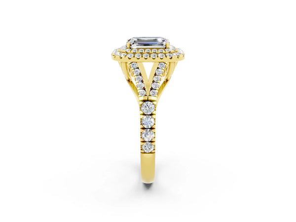 Yellow gold Double Halo Emerald Cut Moissanite Split Shank Engagement Ring with Four-Prong Setting