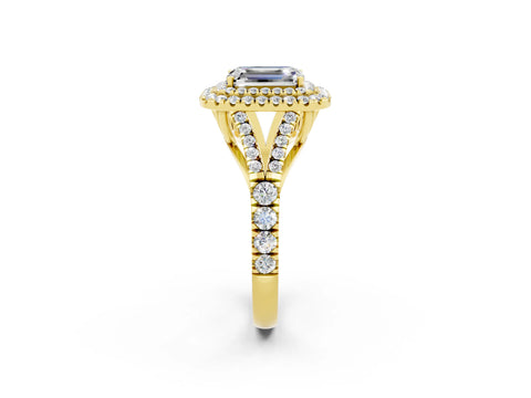 Yellow gold Double Halo Emerald Cut Moissanite Split Shank Engagement Ring with Four-Prong Setting_2