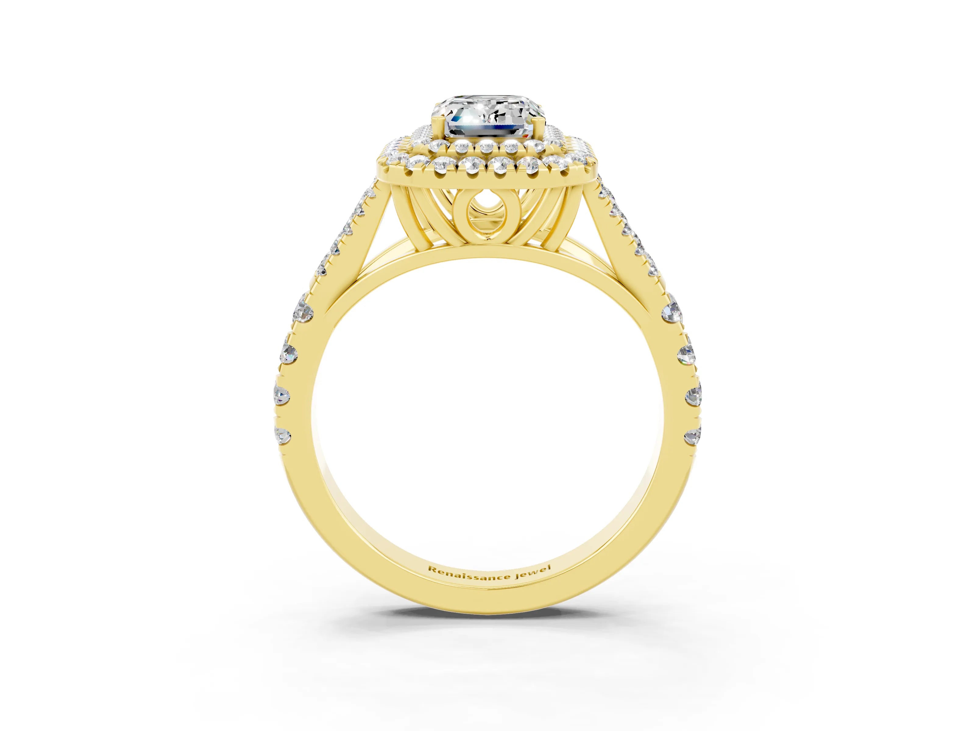 Yellow gold Double Halo Emerald Cut Moissanite Split Shank Engagement Ring with Four-Prong Setting_3