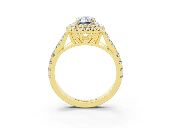 Yellow gold Double Halo Emerald Cut Moissanite Split Shank Engagement Ring with Four-Prong Setting