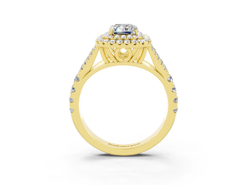 Yellow gold Double Halo Emerald Cut Moissanite Split Shank Engagement Ring with Four-Prong Setting_3