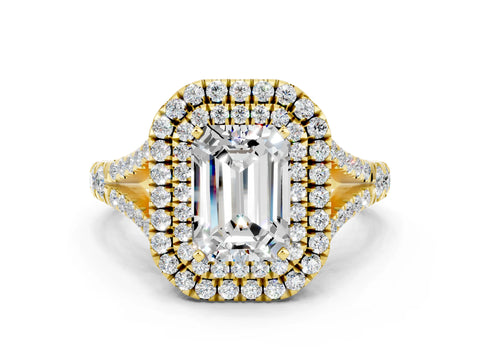 Yellow gold Double Halo Emerald Cut Moissanite Split Shank Engagement Ring with Four-Prong Setting