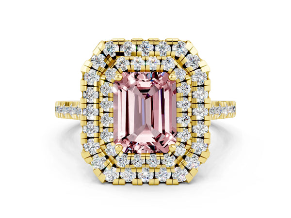 Yellow gold Double Halo Emerald Cut Morganite Pavé Band with Four-Prong Setting