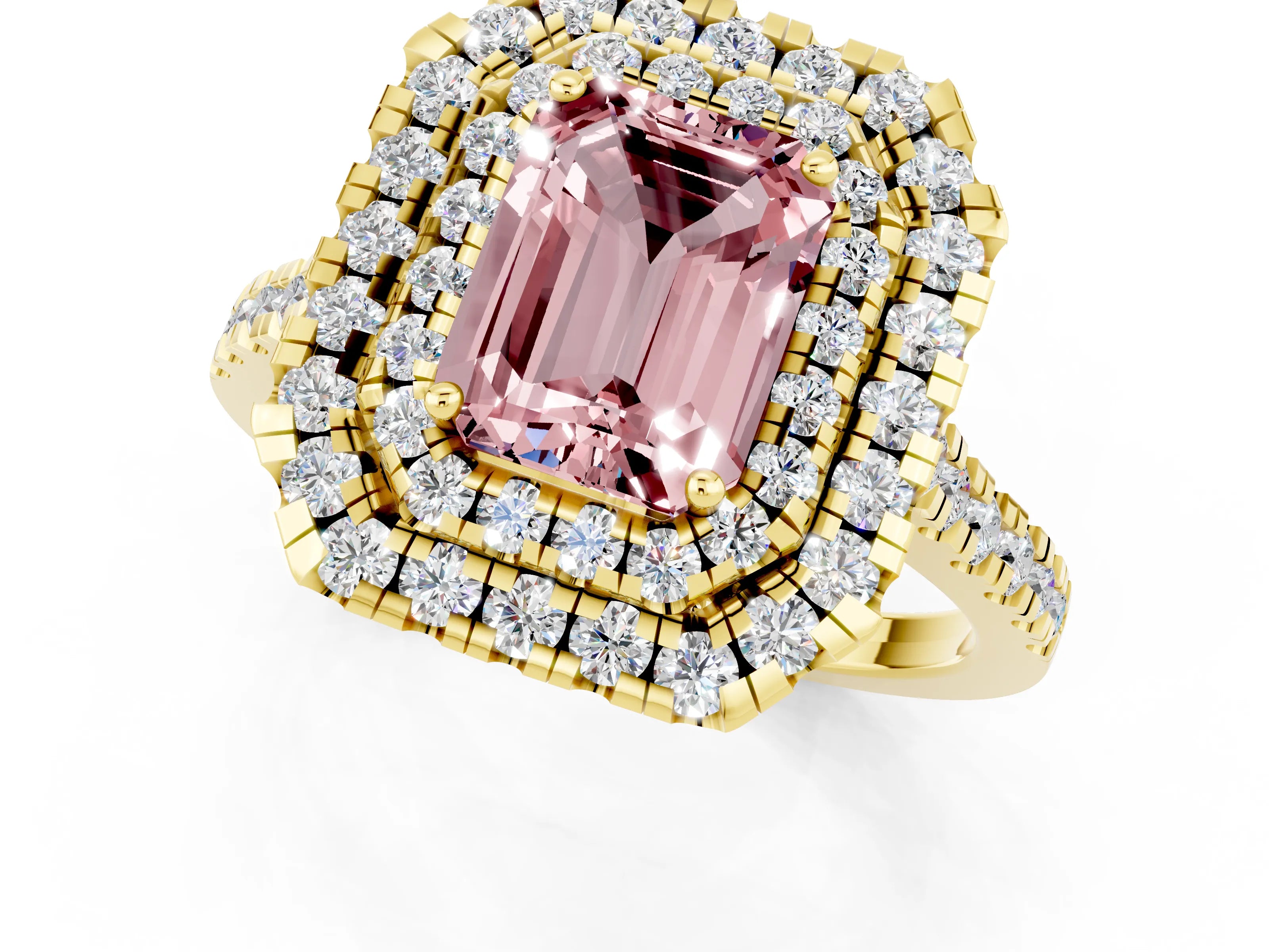 Yellow gold Double Halo Emerald Cut Morganite Pavé Band with Four-Prong Setting_1