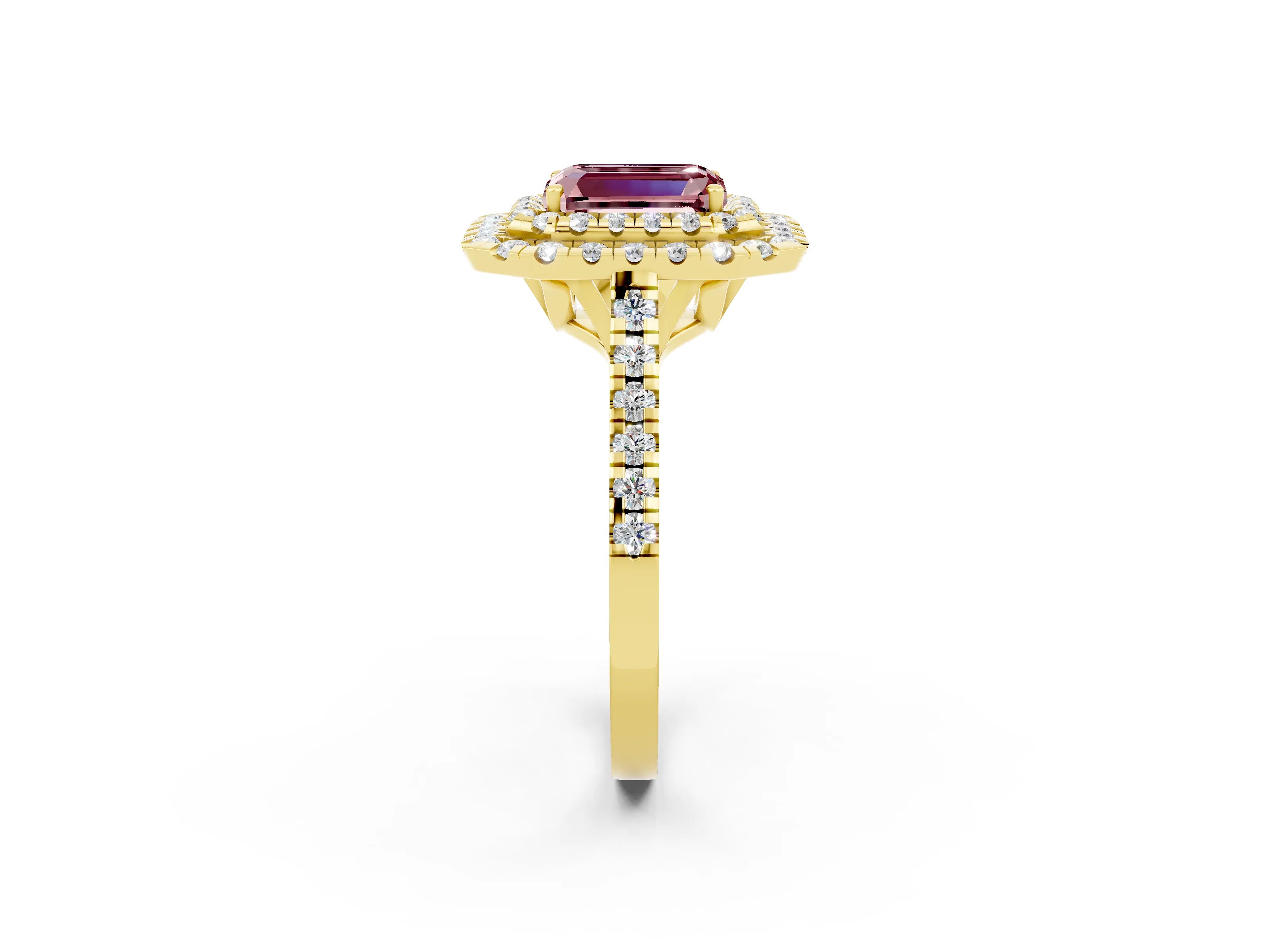 Yellow gold Double Halo Emerald Cut Morganite Pavé Band with Four-Prong Setting_2