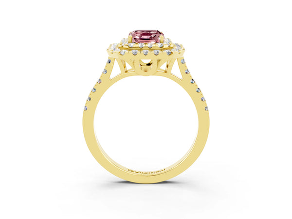 Yellow gold Double Halo Emerald Cut Morganite Pavé Band with Four-Prong Setting