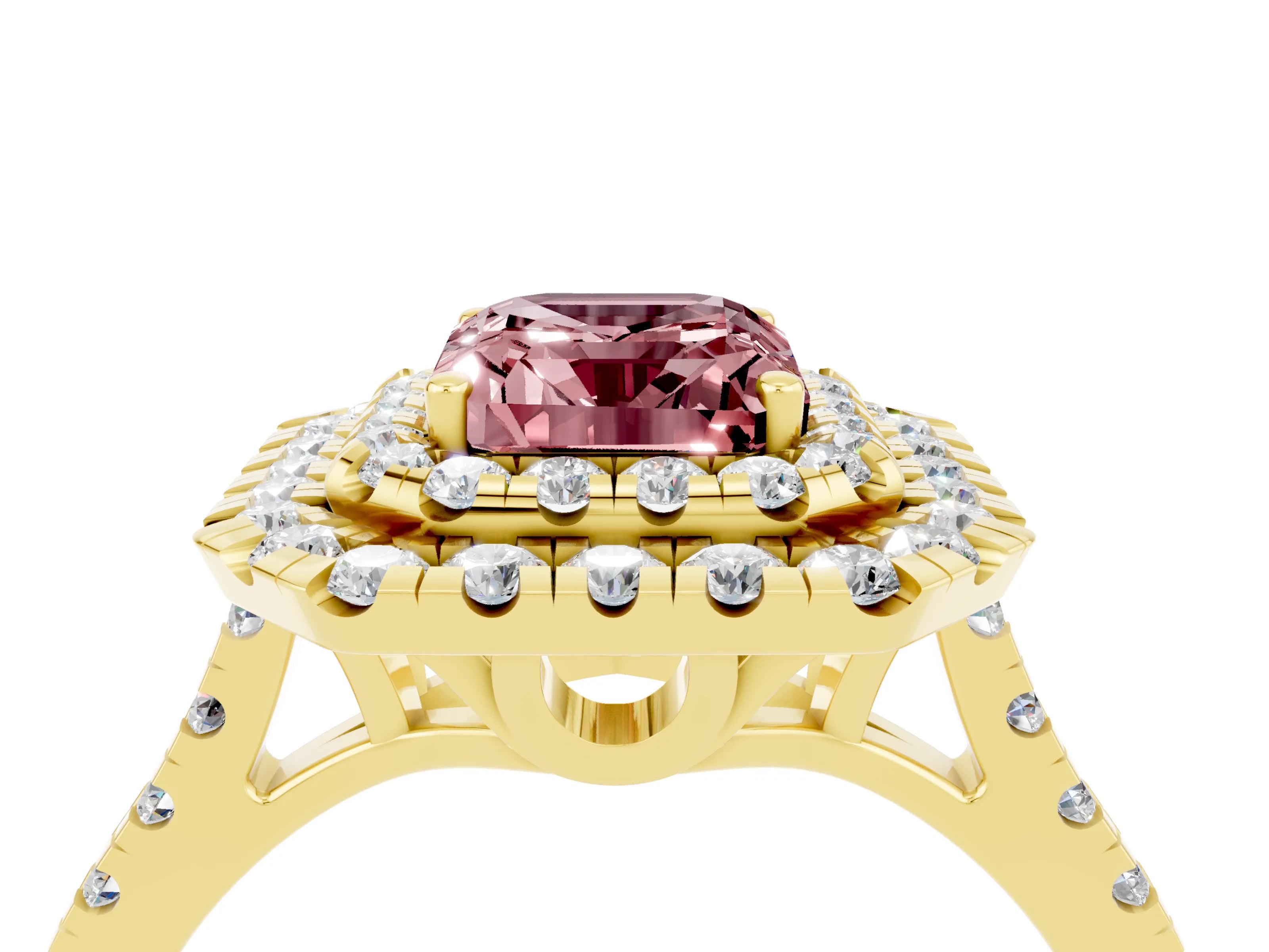 Yellow gold Double Halo Emerald Cut Morganite Pavé Band with Four-Prong Setting_4