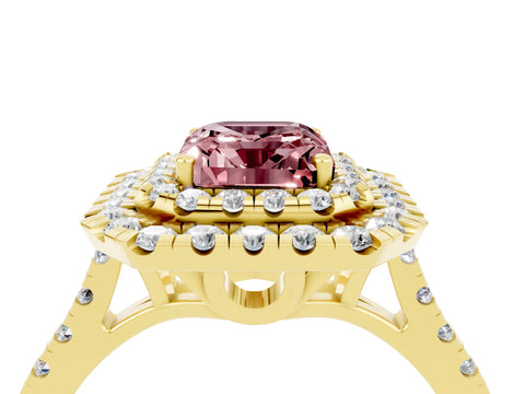 Yellow gold Double Halo Emerald Cut Morganite Pavé Band with Four-Prong Setting_4