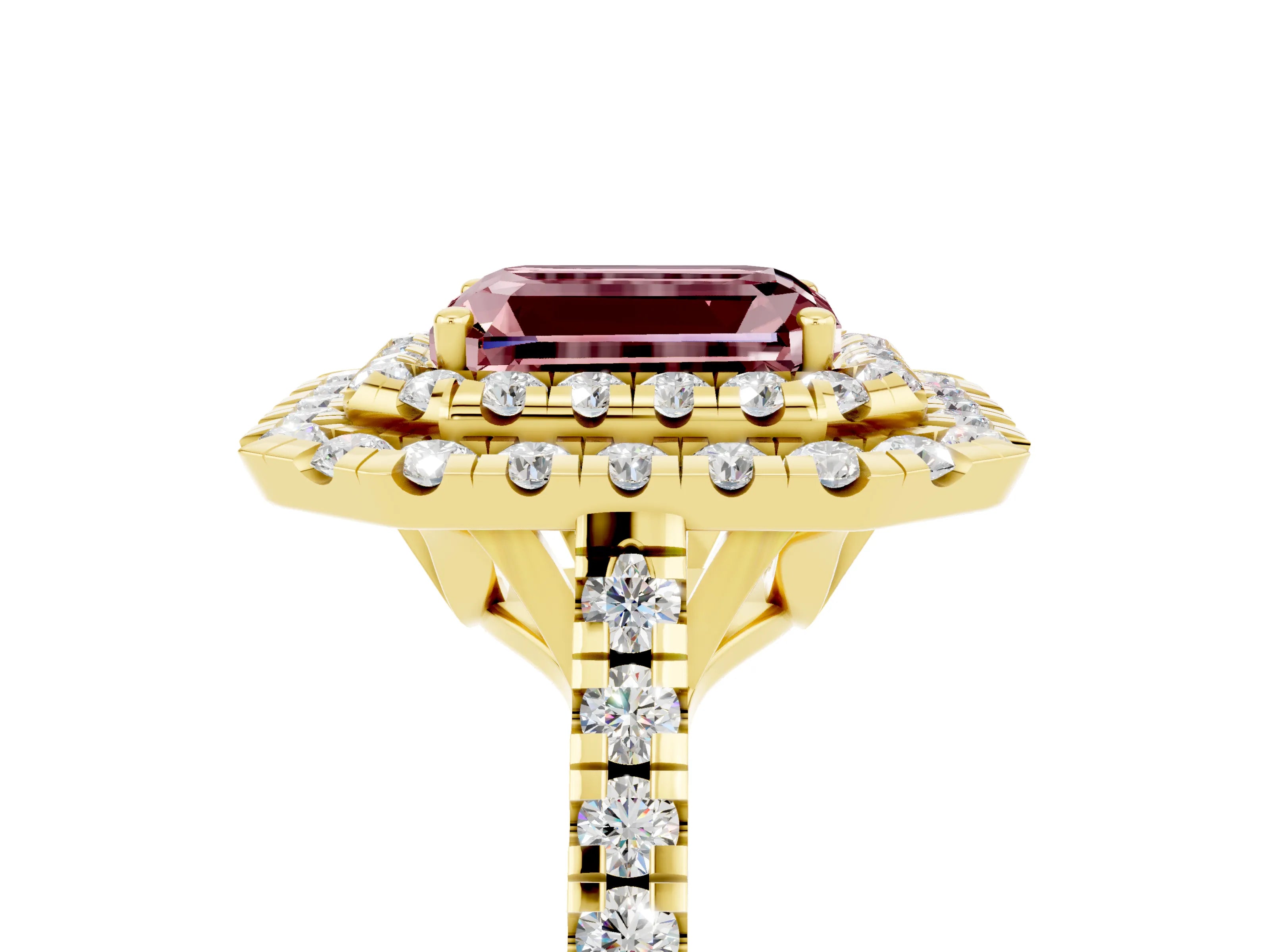 Yellow gold Double Halo Emerald Cut Morganite Pavé Band with Four-Prong Setting_5