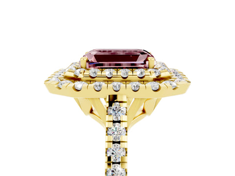 Yellow gold Double Halo Emerald Cut Morganite Pavé Band with Four-Prong Setting_5