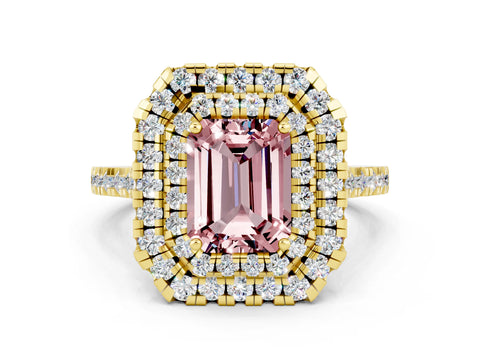 Yellow gold Double Halo Emerald Cut Morganite Pavé Band with Four-Prong Setting