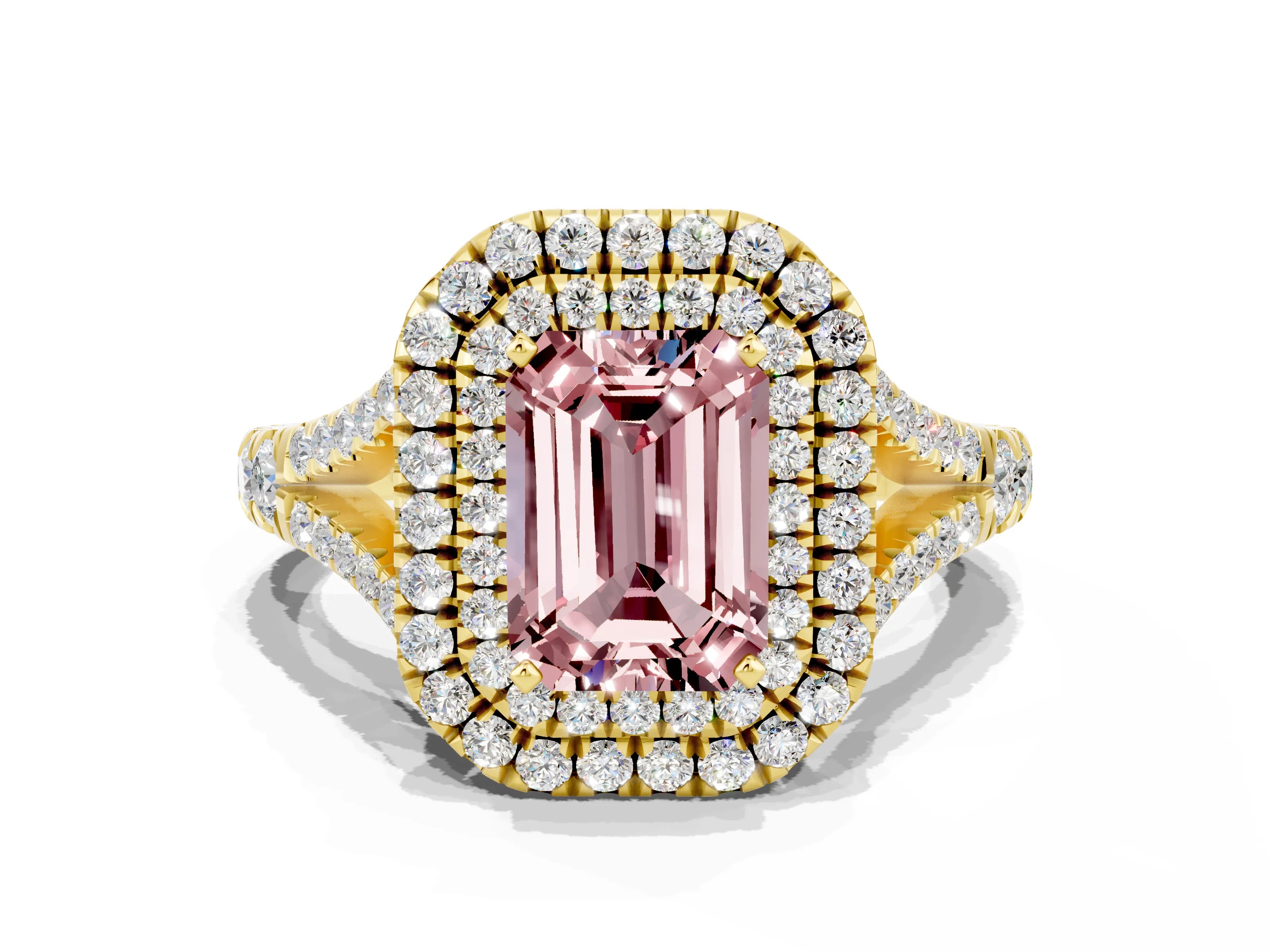 Yellow gold Double Halo Emerald Cut Morganite Pavé Split Shank Ring with Prong Setting