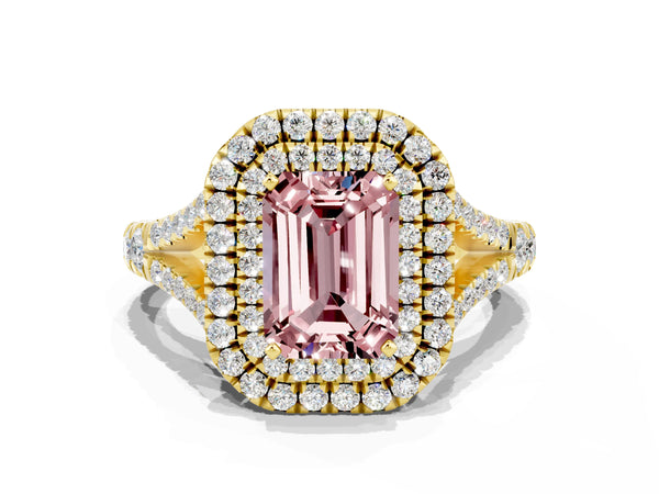 Yellow gold Double Halo Emerald Cut Morganite Pavé Split Shank Ring with Prong Setting