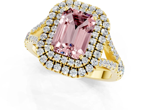 Yellow gold Double Halo Emerald Cut Morganite Pavé Split Shank Ring with Prong Setting