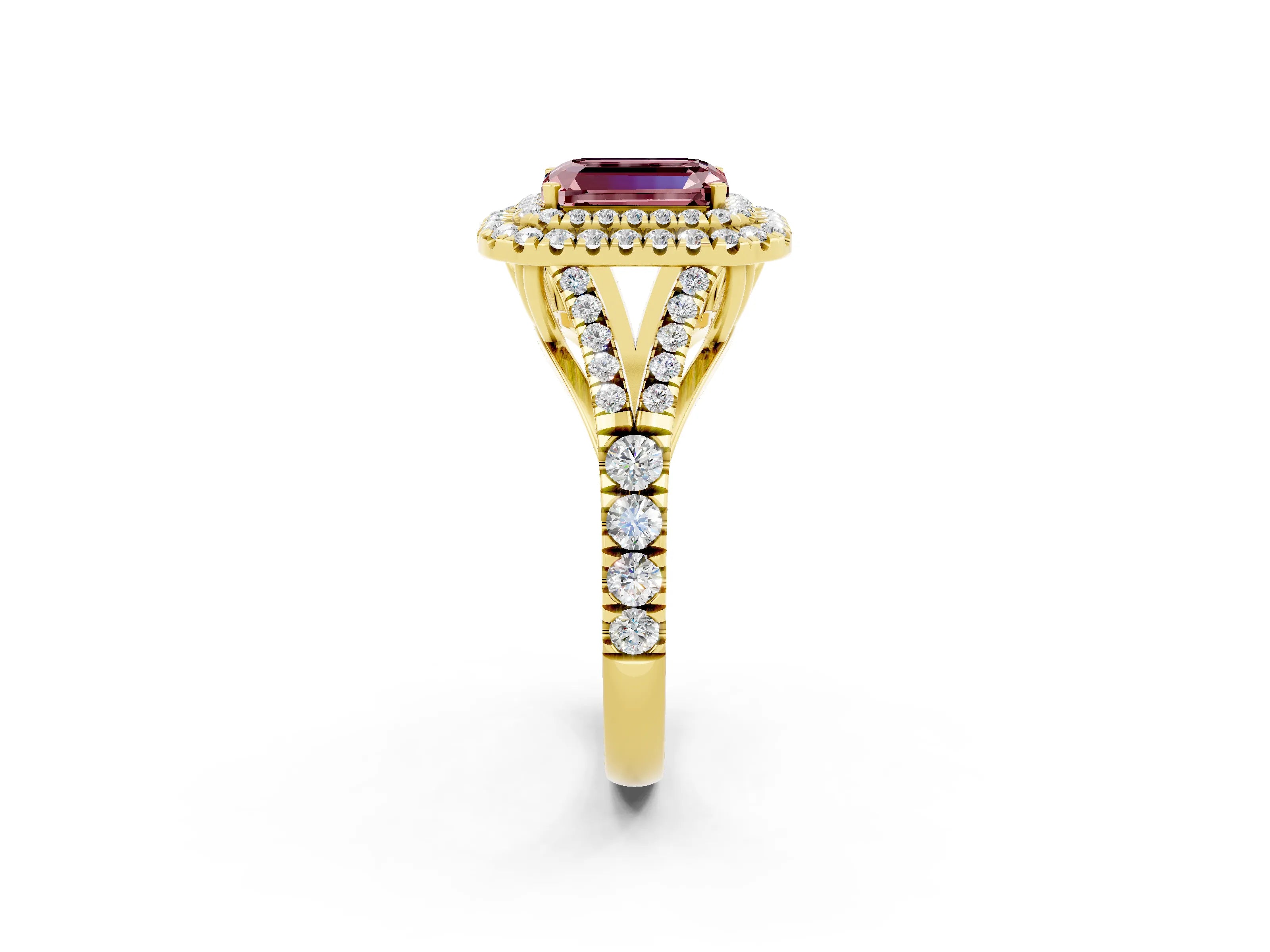 Yellow gold Double Halo Emerald Cut Morganite Pavé Split Shank Ring with Prong Setting_2