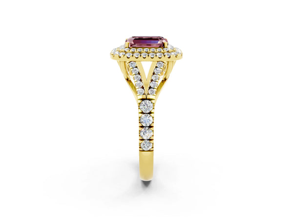 Yellow gold Double Halo Emerald Cut Morganite Pavé Split Shank Ring with Prong Setting