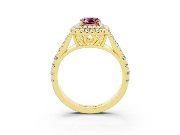 Yellow gold Double Halo Emerald Cut Morganite Pavé Split Shank Ring with Prong Setting