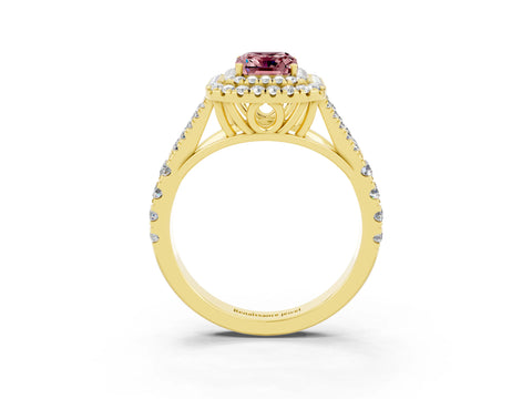 Yellow gold Double Halo Emerald Cut Morganite Pavé Split Shank Ring with Prong Setting_3