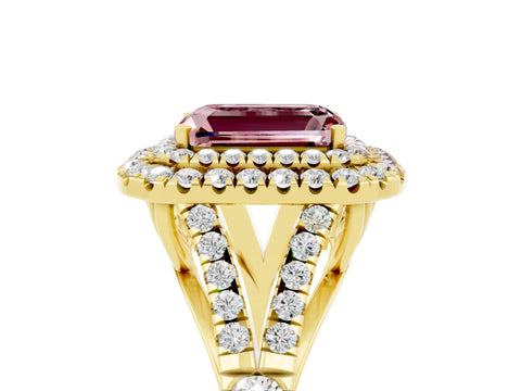 Yellow gold Double Halo Emerald Cut Morganite Pavé Split Shank Ring with Prong Setting_5