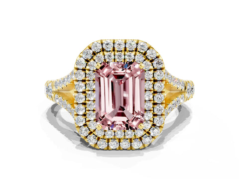 Yellow gold Double Halo Emerald Cut Morganite Pavé Split Shank Ring with Prong Setting