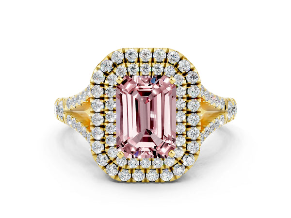 Yellow gold Double Halo Emerald Cut Morganite Split Shank Engagement Ring with Four-Prong Setting