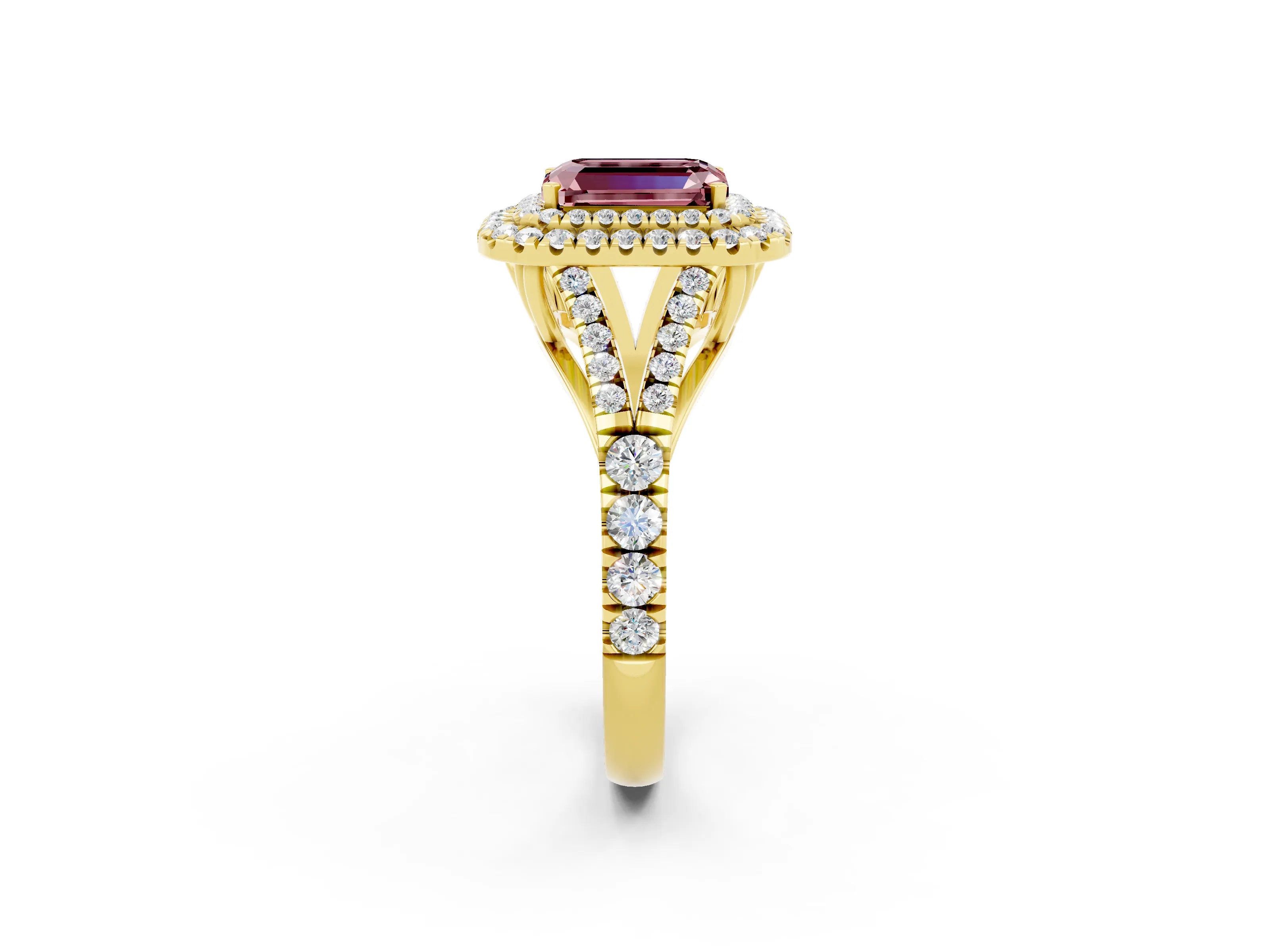 Yellow gold Double Halo Emerald Cut Morganite Split Shank Engagement Ring with Four-Prong Setting_2