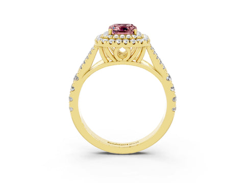 Yellow gold Double Halo Emerald Cut Morganite Split Shank Engagement Ring with Four-Prong Setting_3