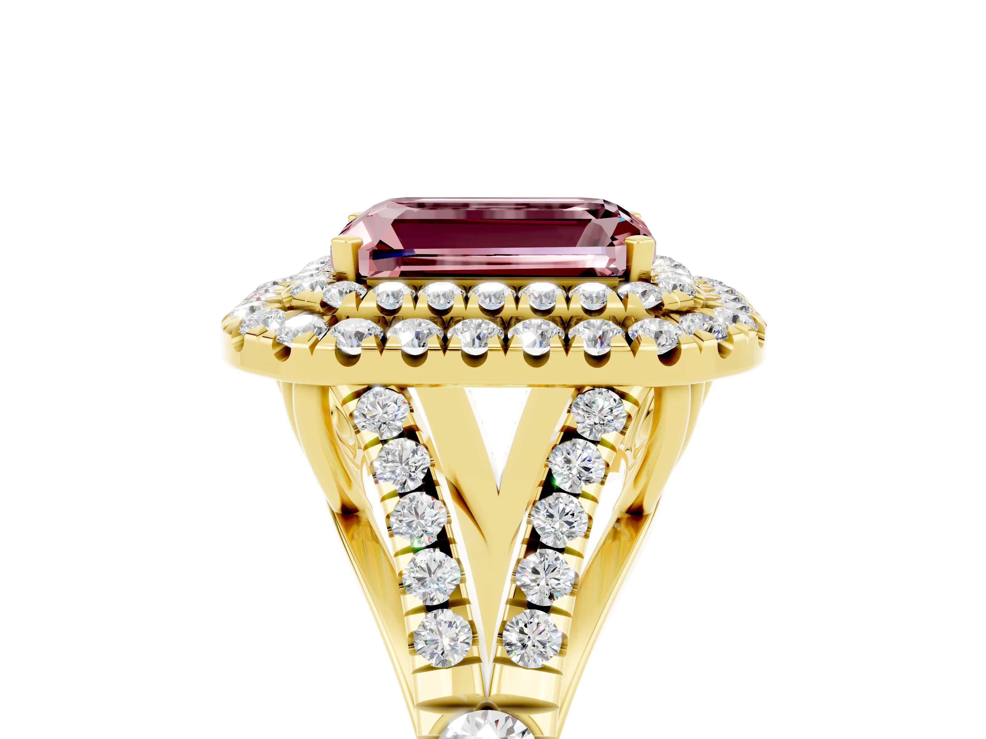 Yellow gold Double Halo Emerald Cut Morganite Split Shank Engagement Ring with Four-Prong Setting_5