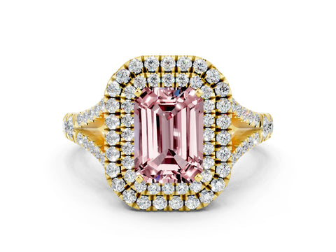 Yellow gold Double Halo Emerald Cut Morganite Split Shank Engagement Ring with Four-Prong Setting