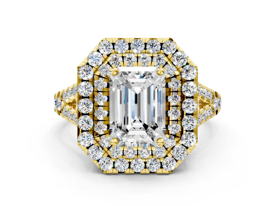 Yellow gold Double Halo Emerald Cut Pave Split Shank Prong Set Ring_15