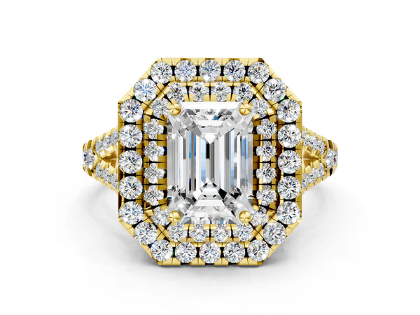 Yellow Gold Emerald Cut Halo Pave Split Shank Engagement Ring Setting
