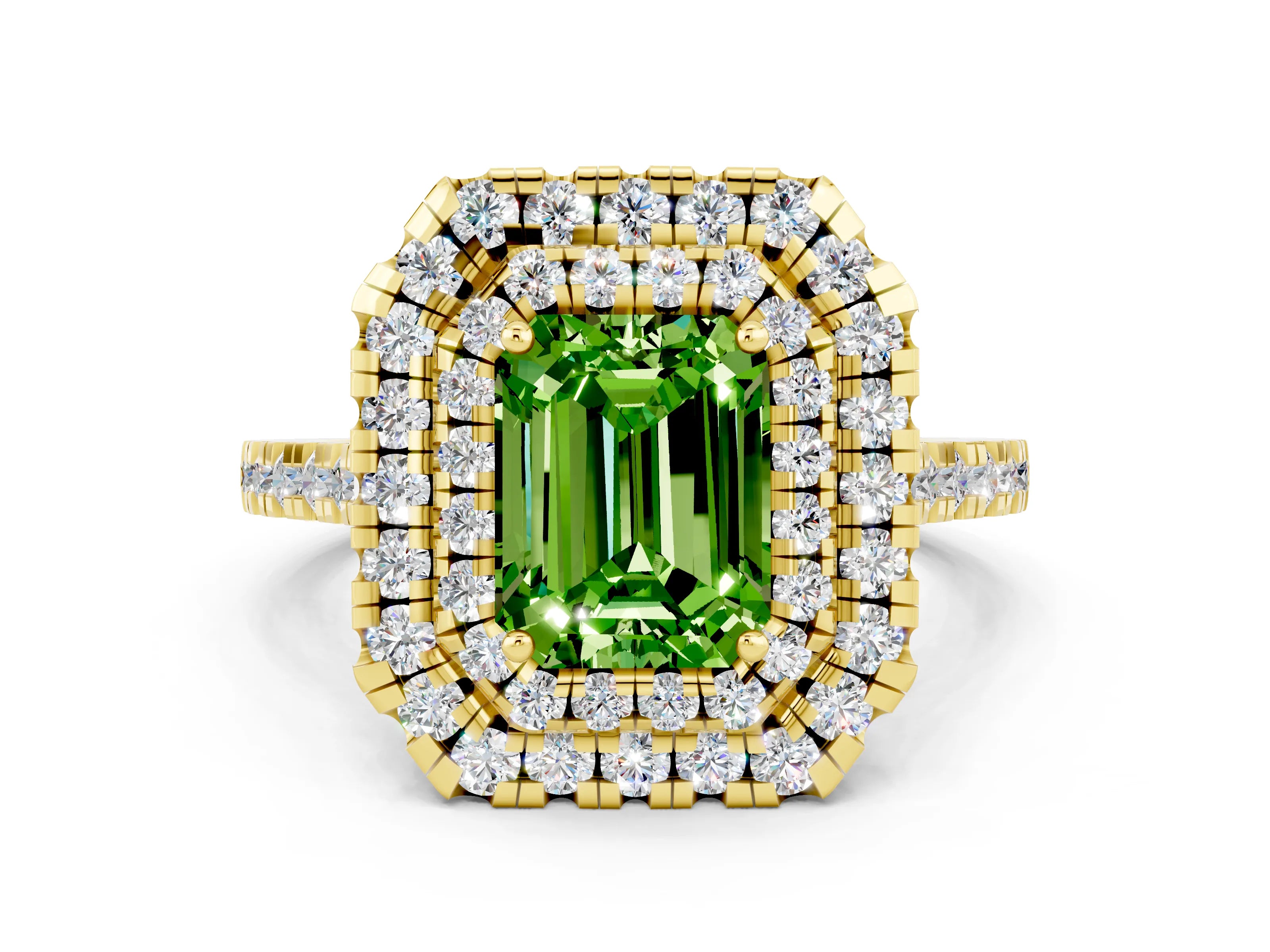 Yellow gold Double Halo Emerald Cut Peridot Pavé Band with Four-Prong Setting