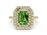 Yellow gold Double Halo Emerald Cut Peridot Pavé Band with Four-Prong Setting