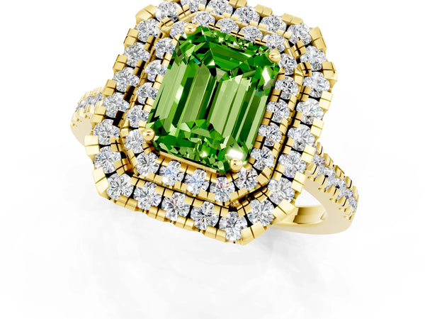 Yellow gold Double Halo Emerald Cut Peridot Pavé Band with Four-Prong Setting