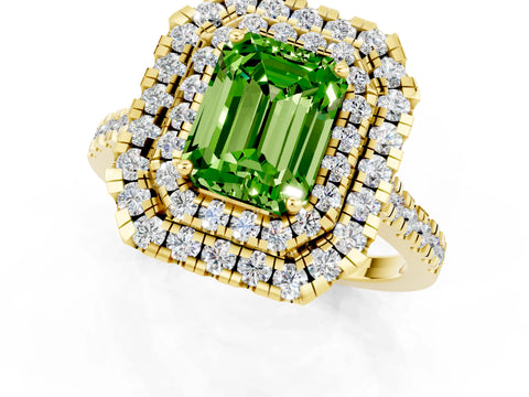 Yellow gold Double Halo Emerald Cut Peridot Pavé Band with Four-Prong Setting_1