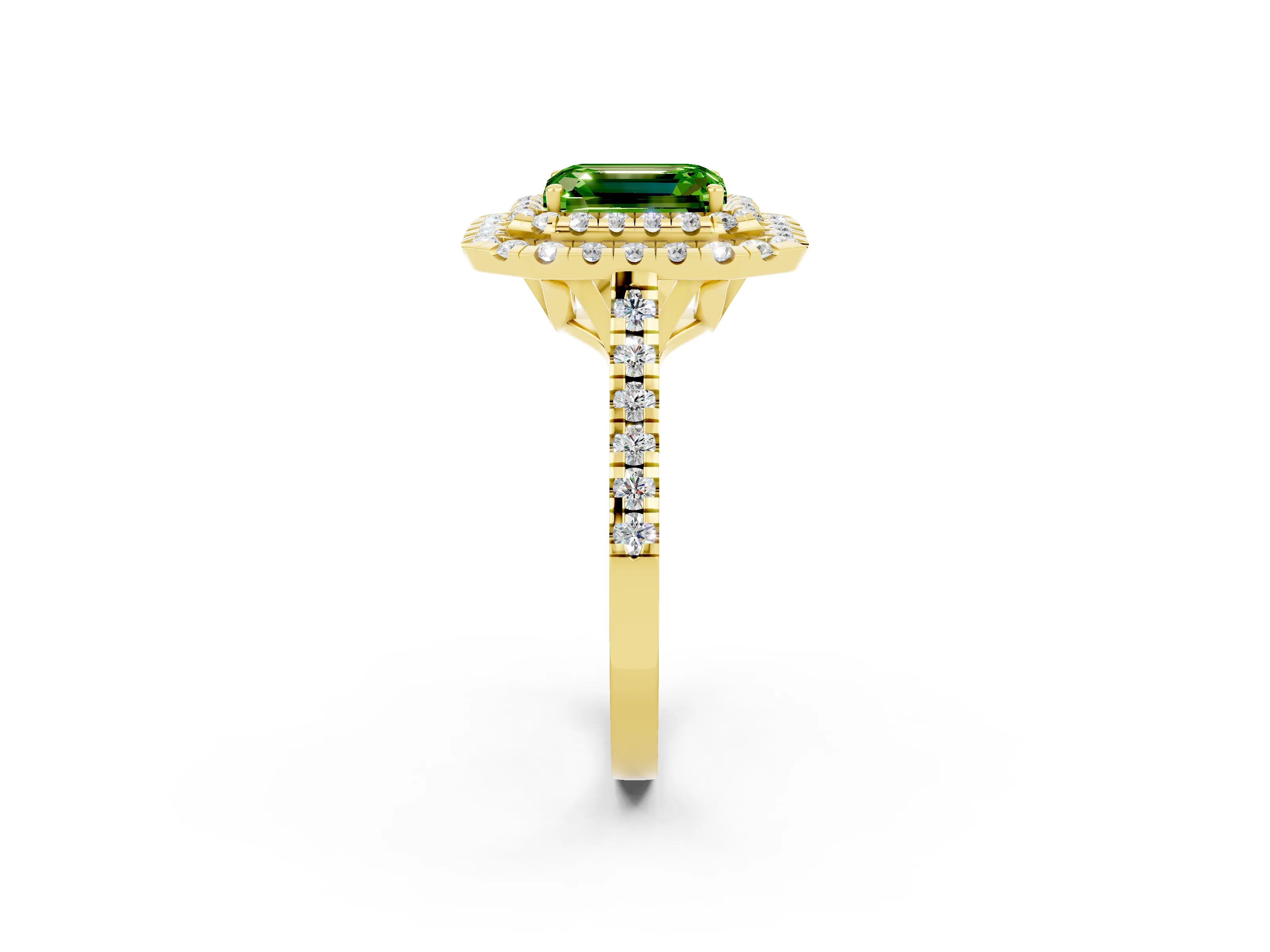 Yellow gold Double Halo Emerald Cut Peridot Pavé Band with Four-Prong Setting_2