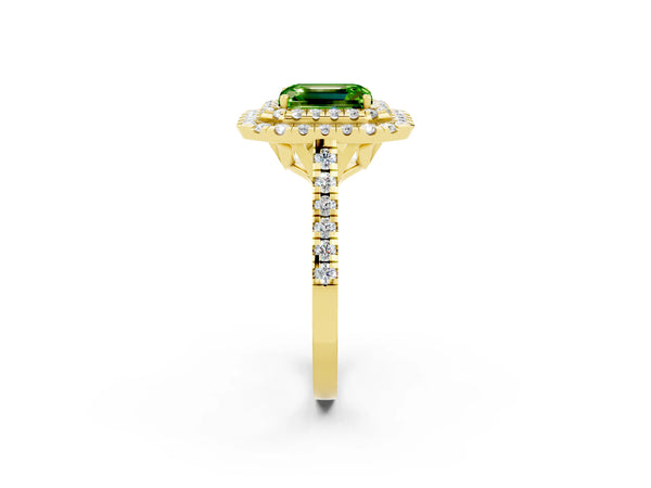 Yellow gold Double Halo Emerald Cut Peridot Pavé Band with Four-Prong Setting