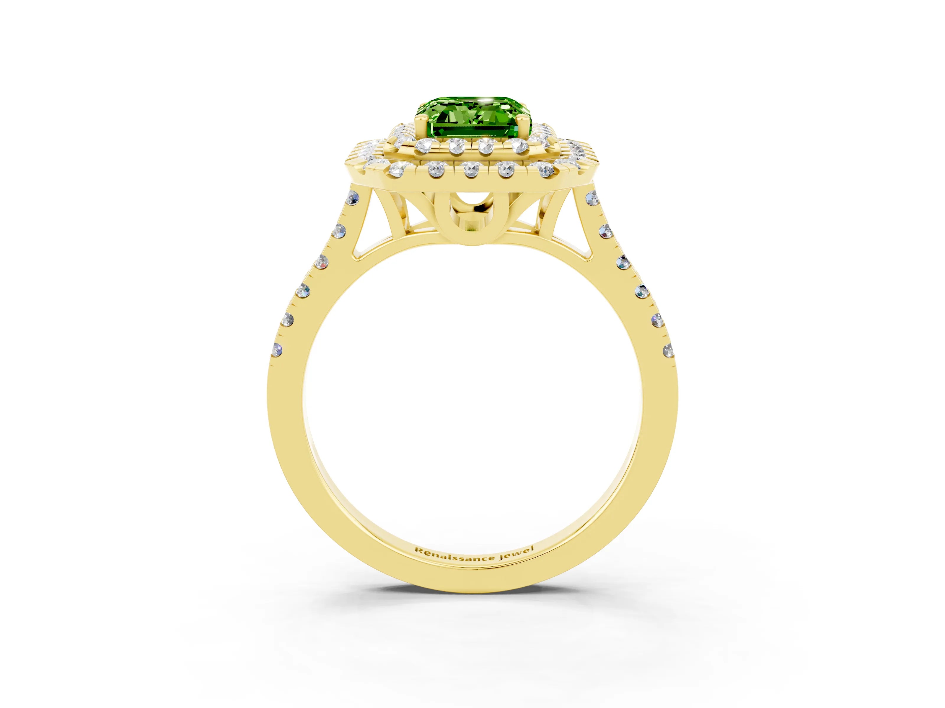 Yellow gold Double Halo Emerald Cut Peridot Pavé Band with Four-Prong Setting_3