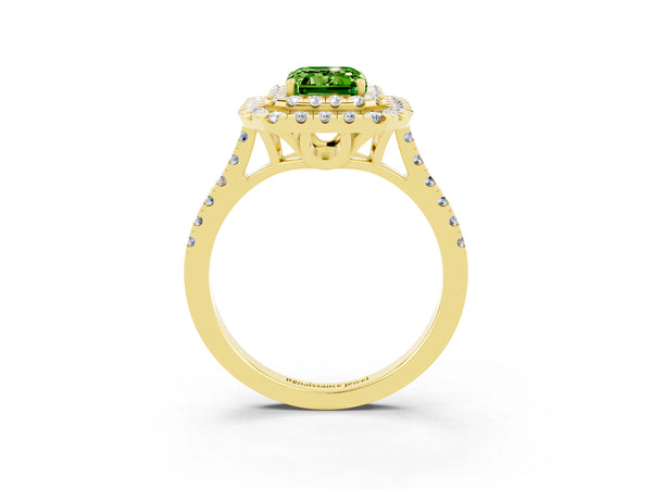Yellow gold Double Halo Emerald Cut Peridot Pavé Band with Four-Prong Setting