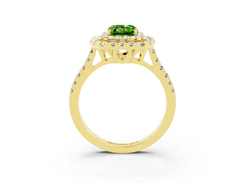 Yellow gold Double Halo Emerald Cut Peridot Pavé Band with Four-Prong Setting_3