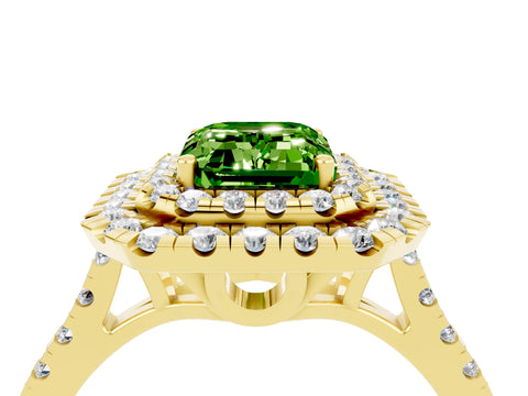 Yellow gold Double Halo Emerald Cut Peridot Pavé Band with Four-Prong Setting_4