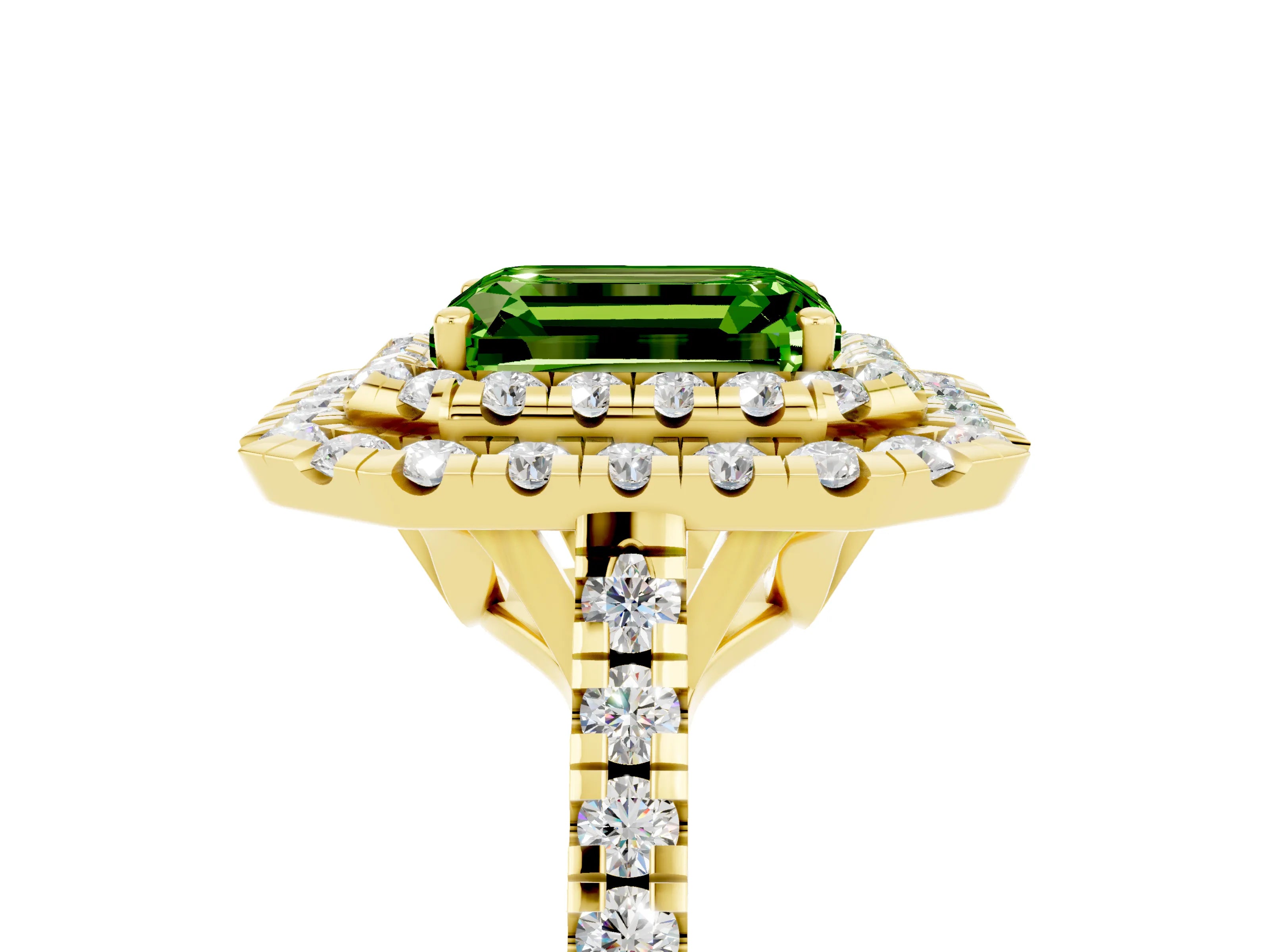 Yellow gold Double Halo Emerald Cut Peridot Pavé Band with Four-Prong Setting_5