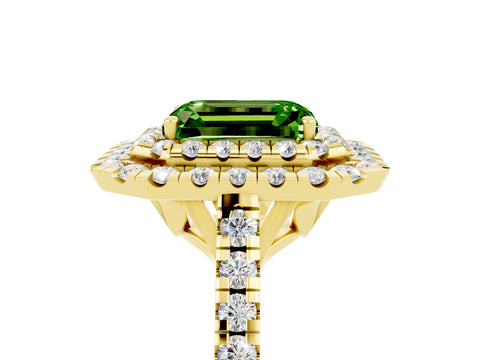Yellow gold Double Halo Emerald Cut Peridot Pavé Band with Four-Prong Setting_5