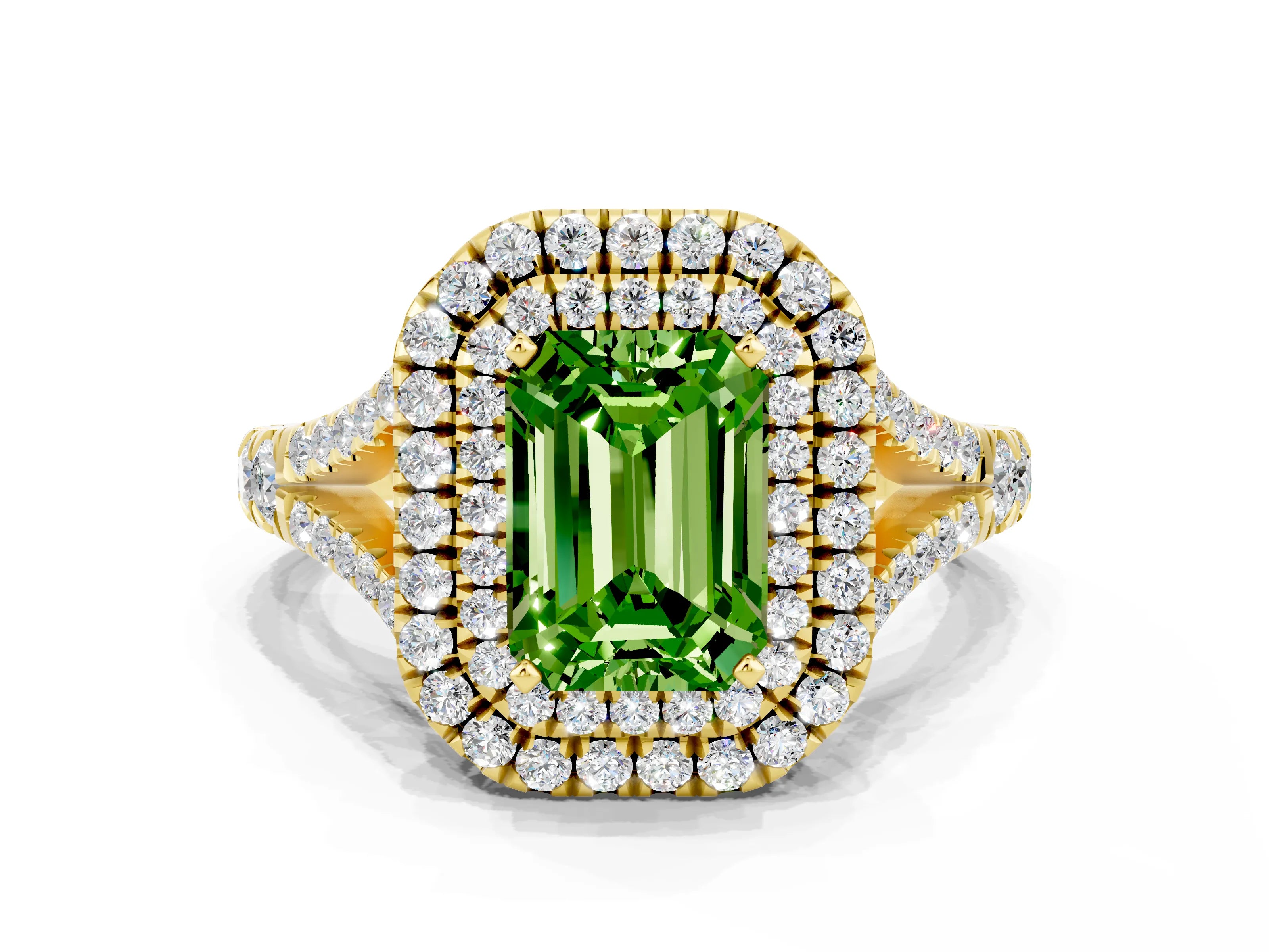 Yellow gold Double Halo Emerald Cut Peridot Pavé Split Shank Ring with Prong Setting