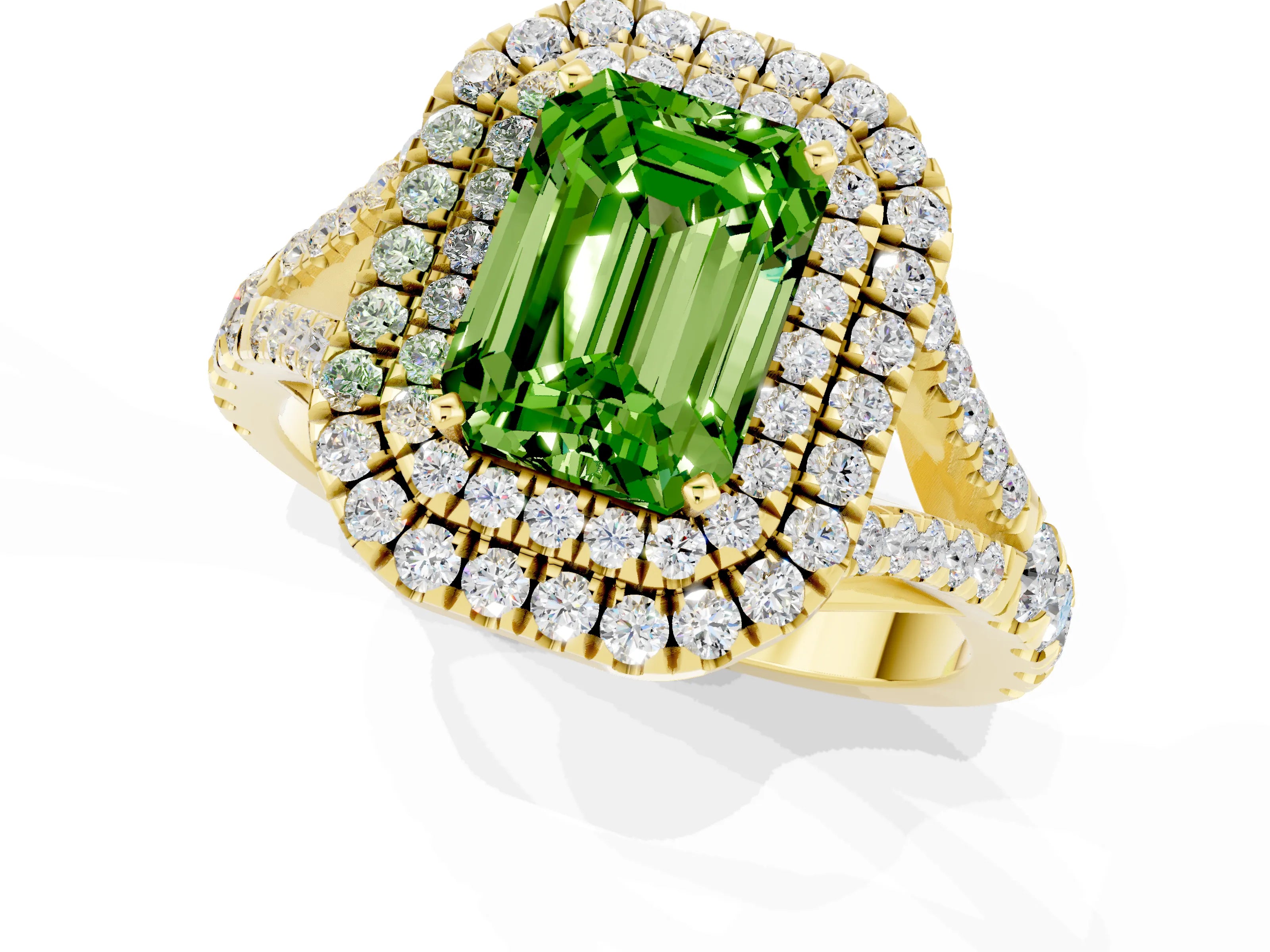 Yellow gold Double Halo Emerald Cut Peridot Pavé Split Shank Ring with Prong Setting_1