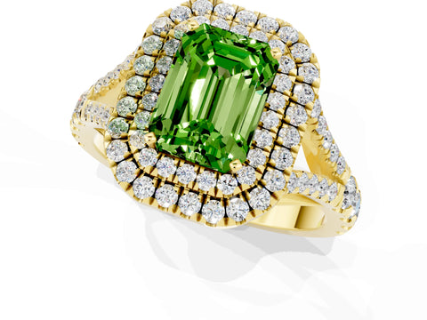 Yellow gold Double Halo Emerald Cut Peridot Pavé Split Shank Ring with Prong Setting_1